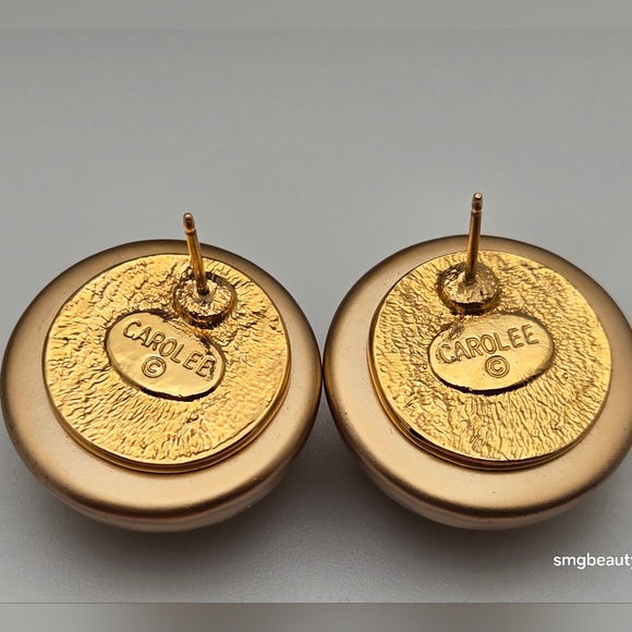 Vintage Carolee Gold Tone Button Dome Stud Earrings 80s 90s w/14K Posts - Picture 4 of 9